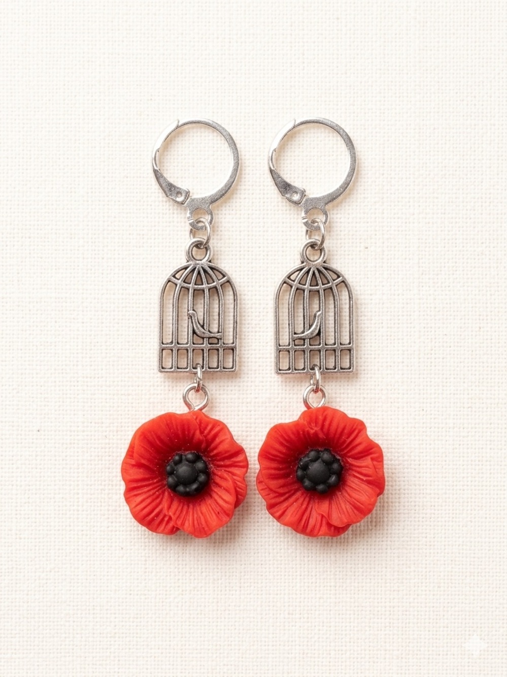 Red Poppy & Birdcage Dangle Earrings - Women Jewelry